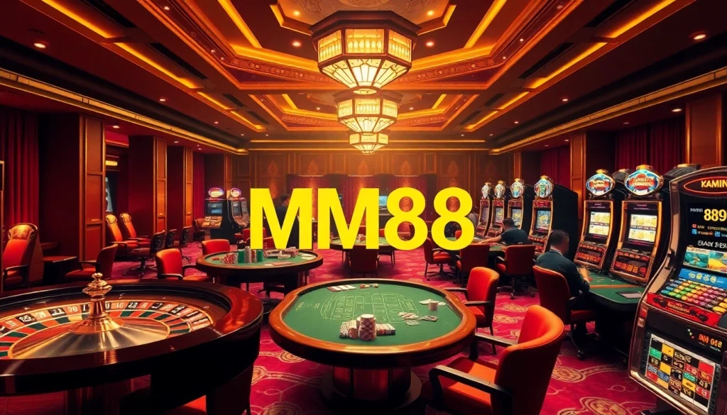 Engaged gamblers enjoying a vibrant casino scene at MM88, showcasing roulette, poker, and slot machines.