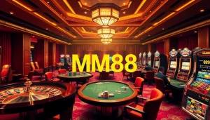 Engaged gamblers enjoying a vibrant casino scene at MM88, showcasing roulette, poker, and slot machines.