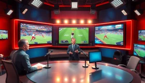 Sports Broadcasting anchor presenting live coverage in a vibrant studio setting.