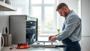 Expert performing BOSCH dishwasher repair with a focus on tools and modern kitchen ambiance.