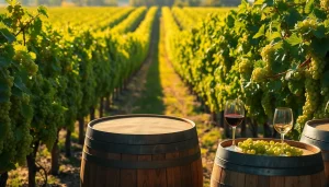 Visualize vibrant Sacramento wineries with lush vineyards, wooden barrels, and a tasting station.