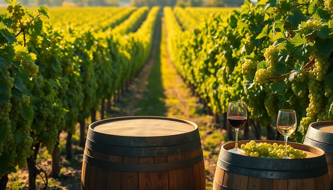 Visualize vibrant Sacramento wineries with lush vineyards, wooden barrels, and a tasting station.