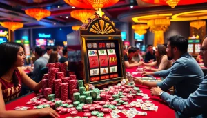 Adegan menarik di kasino depo 1000 yang mewah dengan para pemain yang antusias dan uang tunai yang berwarna-warni.