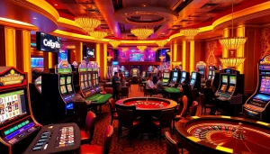 Rasakan kegembiraan situs deposit 5k dengan elemen permainan kasino yang berwarna-warni dan pemain yang antusias.