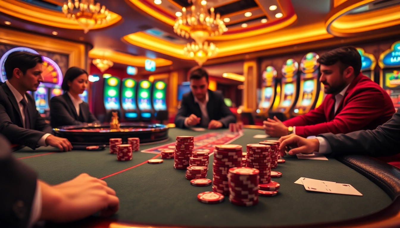 Players enjoy a thrilling poker game with J88 strategies at a luxurious casino table.