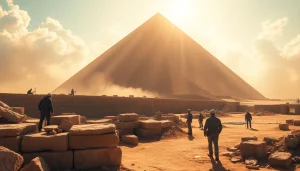 Pyraminds being constructed with ancient laborers and engineers collaborating on-site.