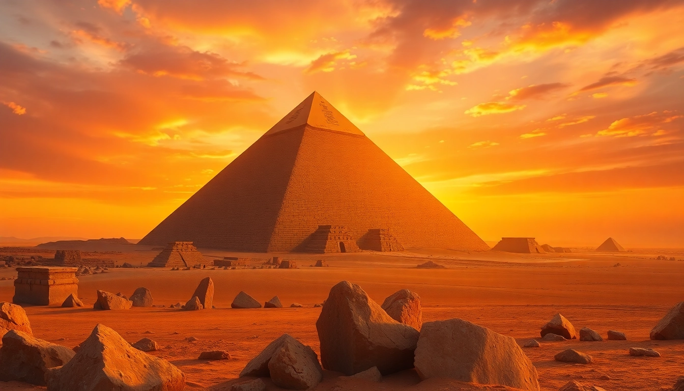 Explore the majestic piraminds against a vibrant sunset backdrop, showcasing ancient wonders.
