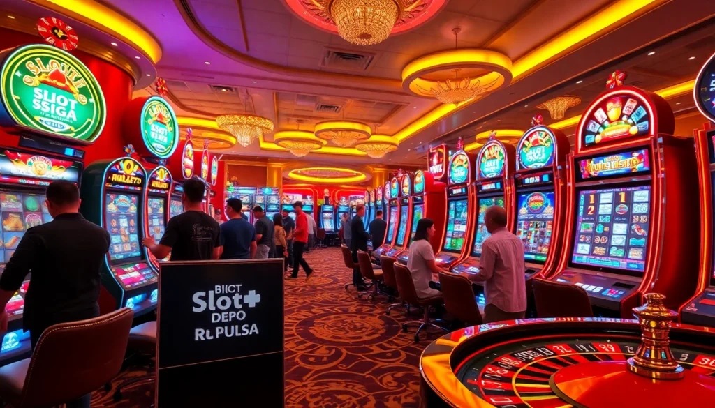 Exciting players enjoying slot depo pulsa games at a luxurious casino.