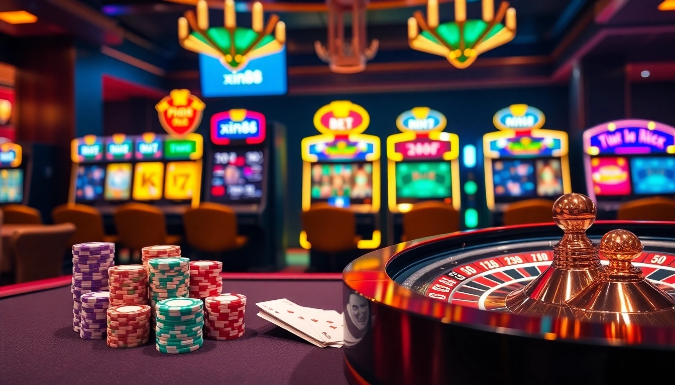 Experience thrilling gaming at xin88's vibrant casino table with poker chips and cards.