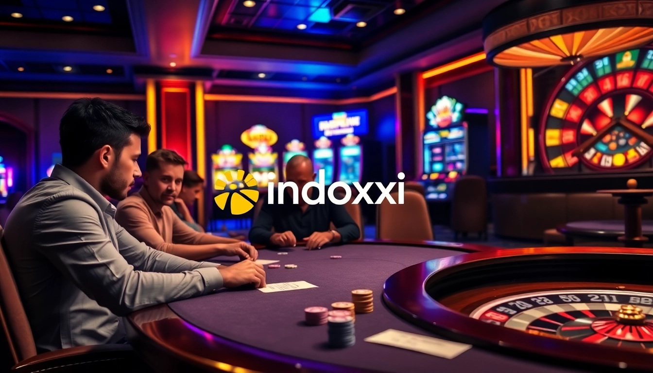 indoxxi inspires excitement in a luxurious casino scene with poker, roulette, and vibrant slot machines.