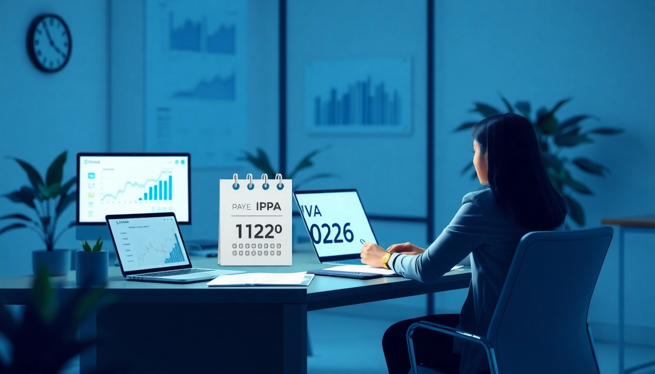 Professional scene of IPVA GO tax payment process in a modern office environment, emphasizing timely compliance.
