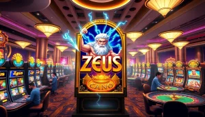 Winning at the zeus slot machine amidst a vibrant casino scene filled with excitement.