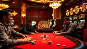 Para pemain menikmati poker taruhan tinggi di meja kasino yang menampilkan chip poker Datukwin dan kartu.