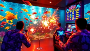 bắn cá đổi thưởng showcases players engaged in an immersive, colorful underwater game, aiming for high scores and real cash prizes.