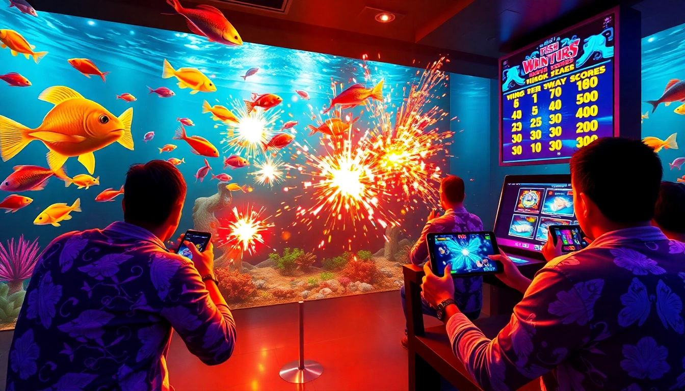 bắn cá đổi thưởng showcases players engaged in an immersive, colorful underwater game, aiming for high scores and real cash prizes.