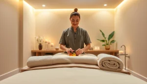 전문 치료사가 에센셜 오일을 준비하는 수원출장마사지의 편안한 분위기