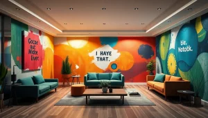 Wibracyjne murale ścienne prezentujące innowacyjny druk ścienny w nowoczesnej przestrzeni biurowej.