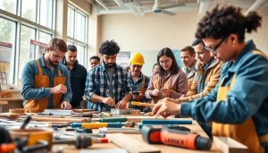 Engaging construction craft training session highlighting teamwork and skill-building in an active classroom.