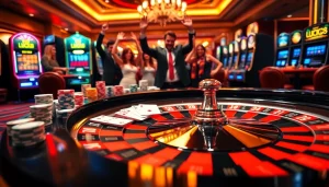 LUCK8 players celebrating a big win at a glamorous roulette table in a vibrant casino setting.