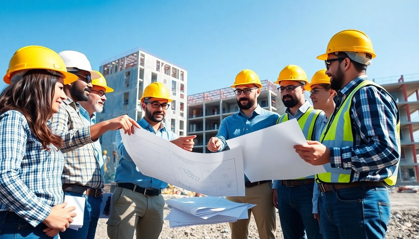 Construction member organization professionals collaborating on blueprints at a construction site.