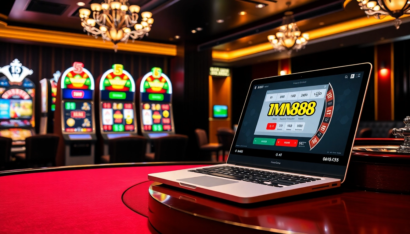 Experience thrilling gaming at https://mm88.land/ with colorful slot machines and a sleek poker table.