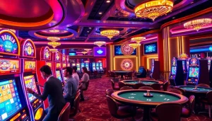 Engaging players enjoying Hoki77 link at a vibrant casino slot machine area.