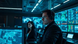 Understanding National Security Risk through professionals analyzing data in a high-tech command center.