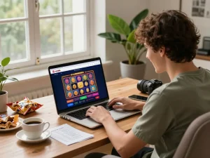 Pengguna yang terlibat menjelajahi platform online laoban188 di tempat kerja rumah dengan laptop dan camilan.