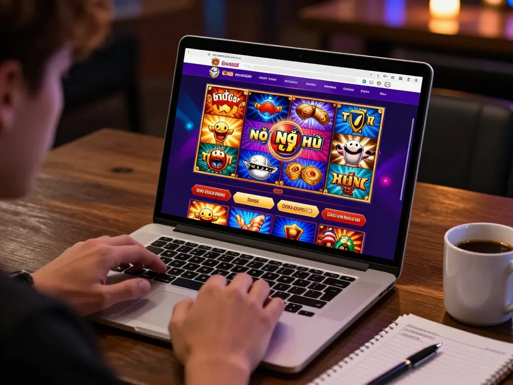 Engaged player enjoying nổ hũ slot games on a laptop, creating a fun online gaming experience.