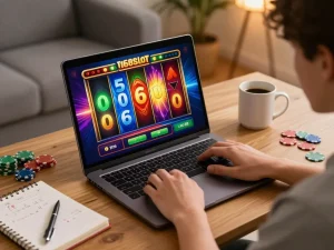 Player immersed in action on f168slot, enjoying an online slot game from a cozy home setting.