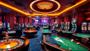 Experience the excitement of Jogoluck with a luxurious casino gaming scene full of roulette wheels and poker tables.