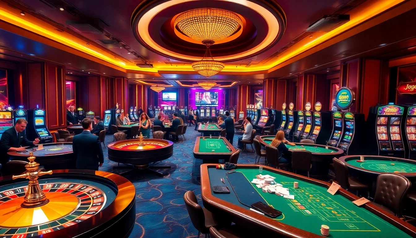 Experience the excitement of Jogoluck with a luxurious casino gaming scene full of roulette wheels and poker tables.