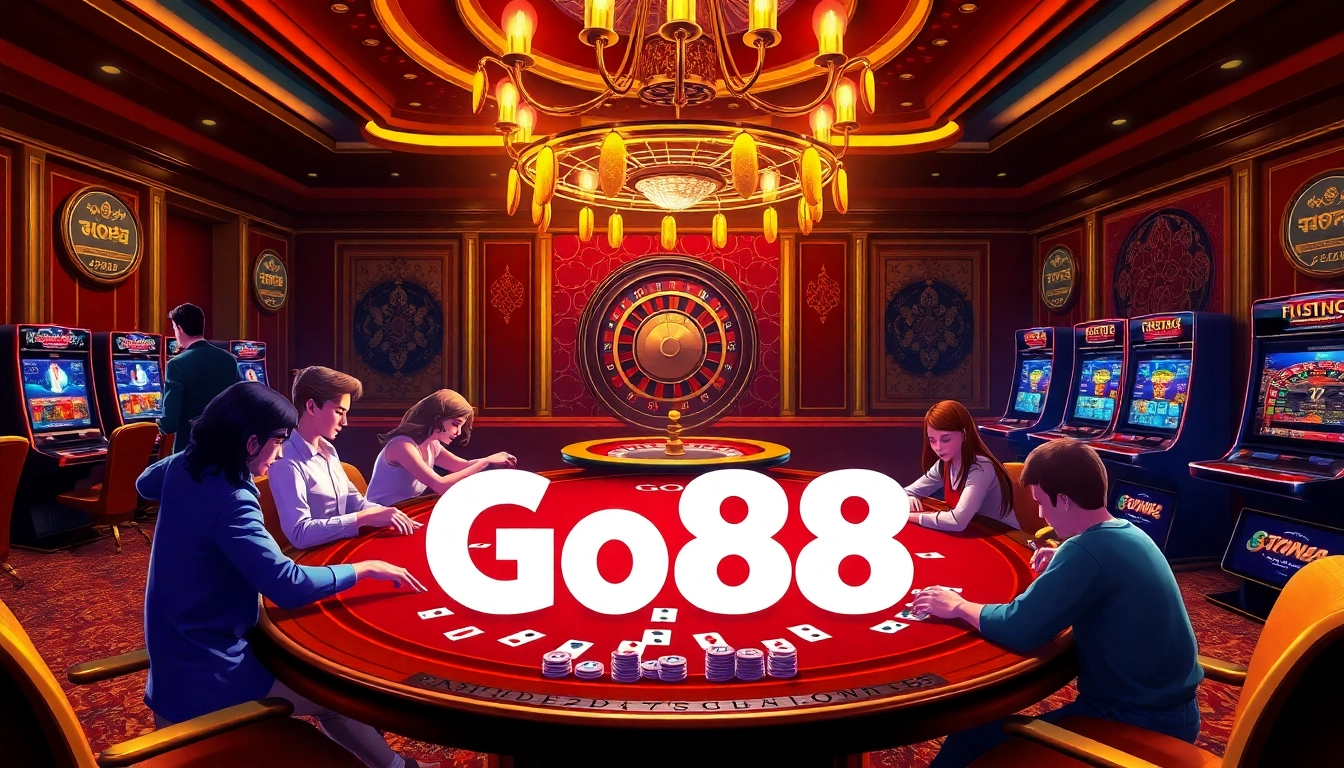 Engaging players at Go88's vibrant poker table in a luxurious casino setting.