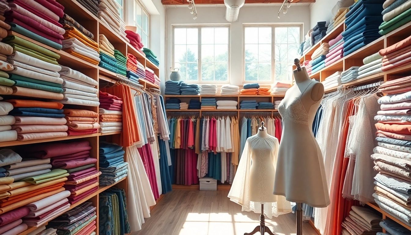 Stof voor jurk kopen in een kleurrijke stof winkel met diverse materialen.