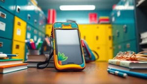 Handytasche Schule für Schüler mit bunten Motiven und Schulaccessoires im Hintergrund.