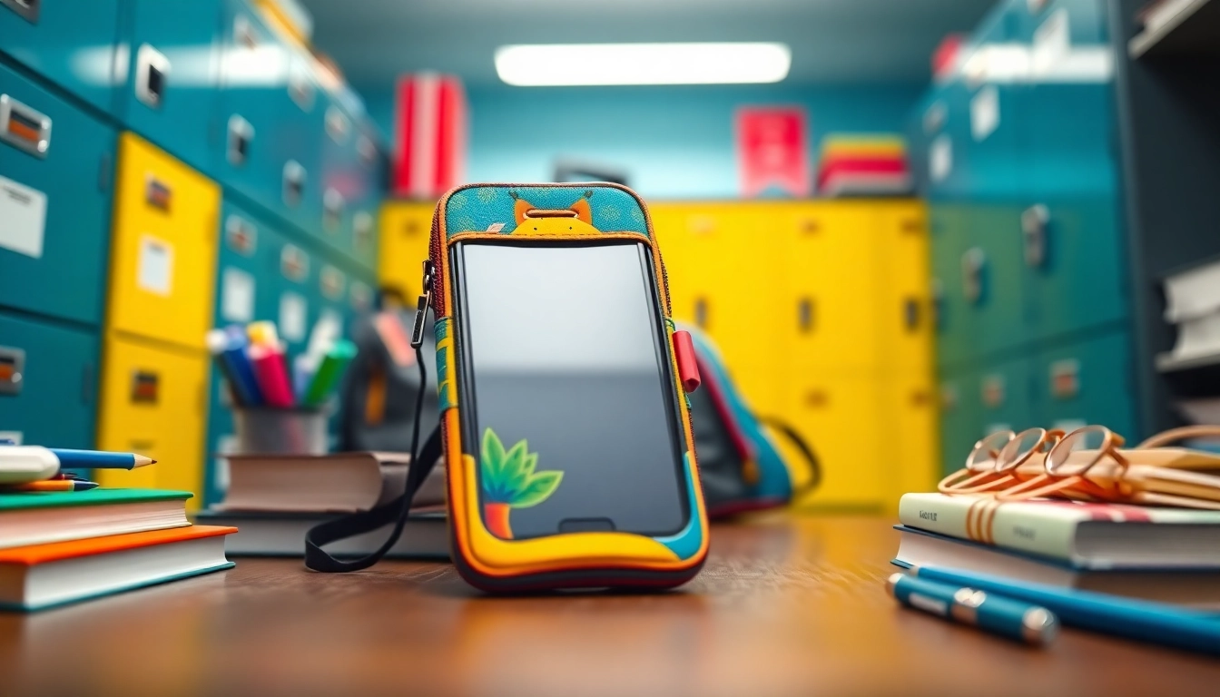 Handytasche Schule für Schüler mit bunten Motiven und Schulaccessoires im Hintergrund.