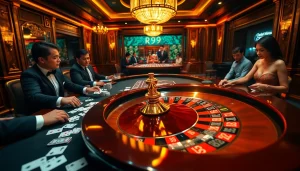 Experience thrilling RR99 casino gaming with vibrant roulette, poker chips, and glamorous players.