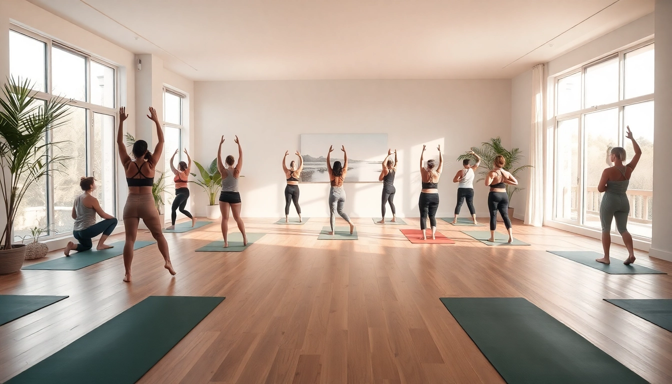 ホットヨガ おすすめ 穏やかなスタジオのシーン、様々な参加者と共に平和なヨガの雰囲気を展示。