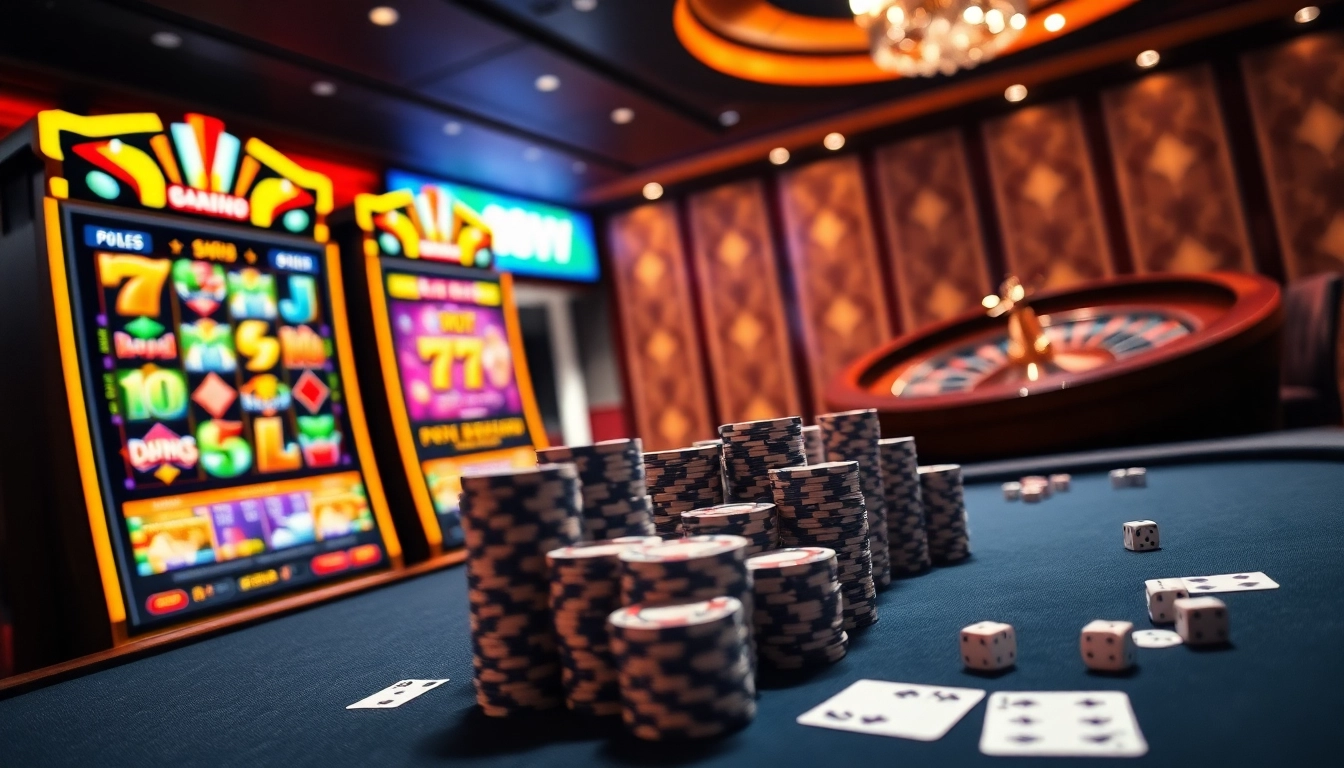 Experience the thrill of gambling at 88VV with a vibrant online casino scene showcasing slot machines and poker.