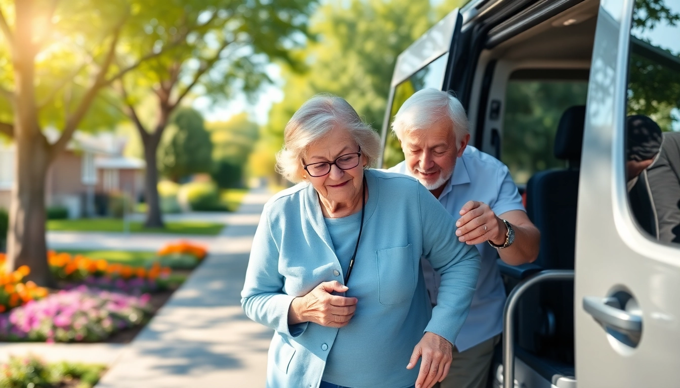 Elderly transportation services with a caregiver assisting a senior into an accessible van.