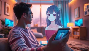 Engaging interaction with a friendly AI girlfriend character in a cozy, futuristic setting.