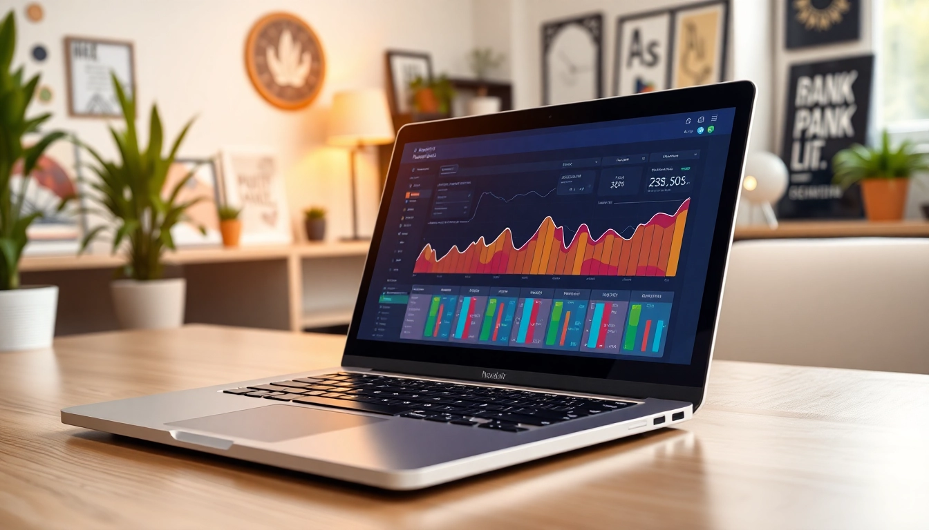 Analyze performance with an SEO Rank Tracker tool on a stylish laptop in a modern office.