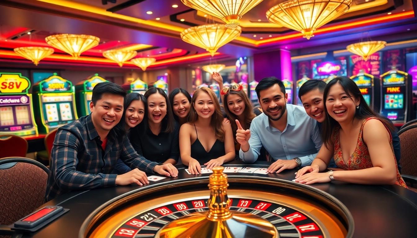 Excited players at a luxurious poker table celebrate wins at 888VND casino.