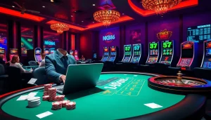 Engage with the excitement of NK88 net through a vibrant online casino scene featuring a dealer, poker chips, and slot machines.