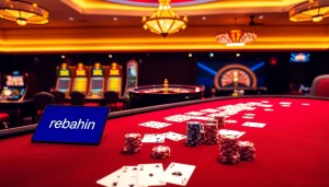 Exciting gambling scene showcasing rebahin with casino tables, poker chips, and roulette wheel.