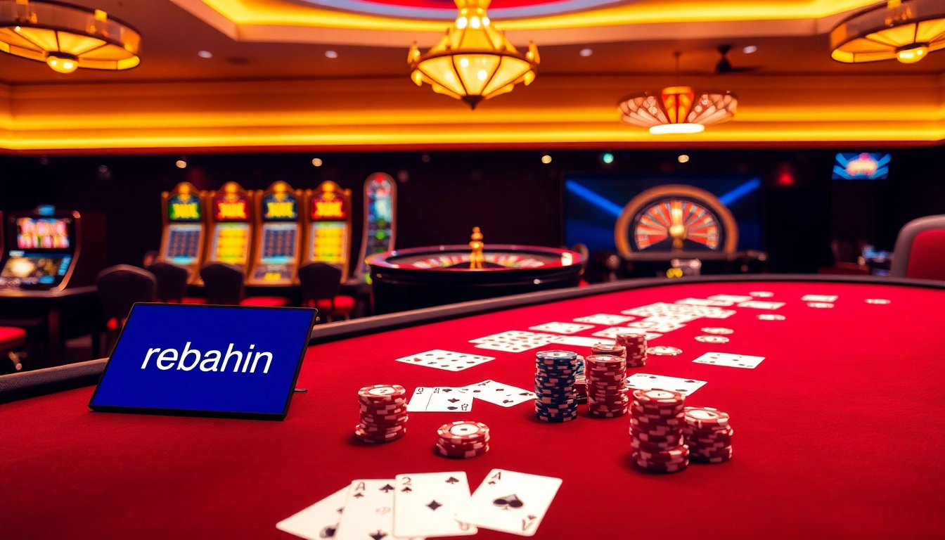 Exciting gambling scene showcasing rebahin with casino tables, poker chips, and roulette wheel.