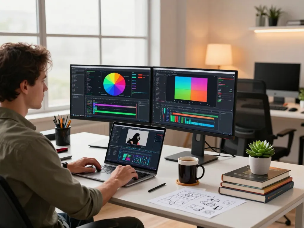 Engineer working with video to promptgenerator technology in a modern office setting.