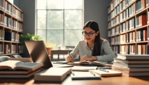 Focused student engaged in exam preparation with books and laptop in a well-lit library.
