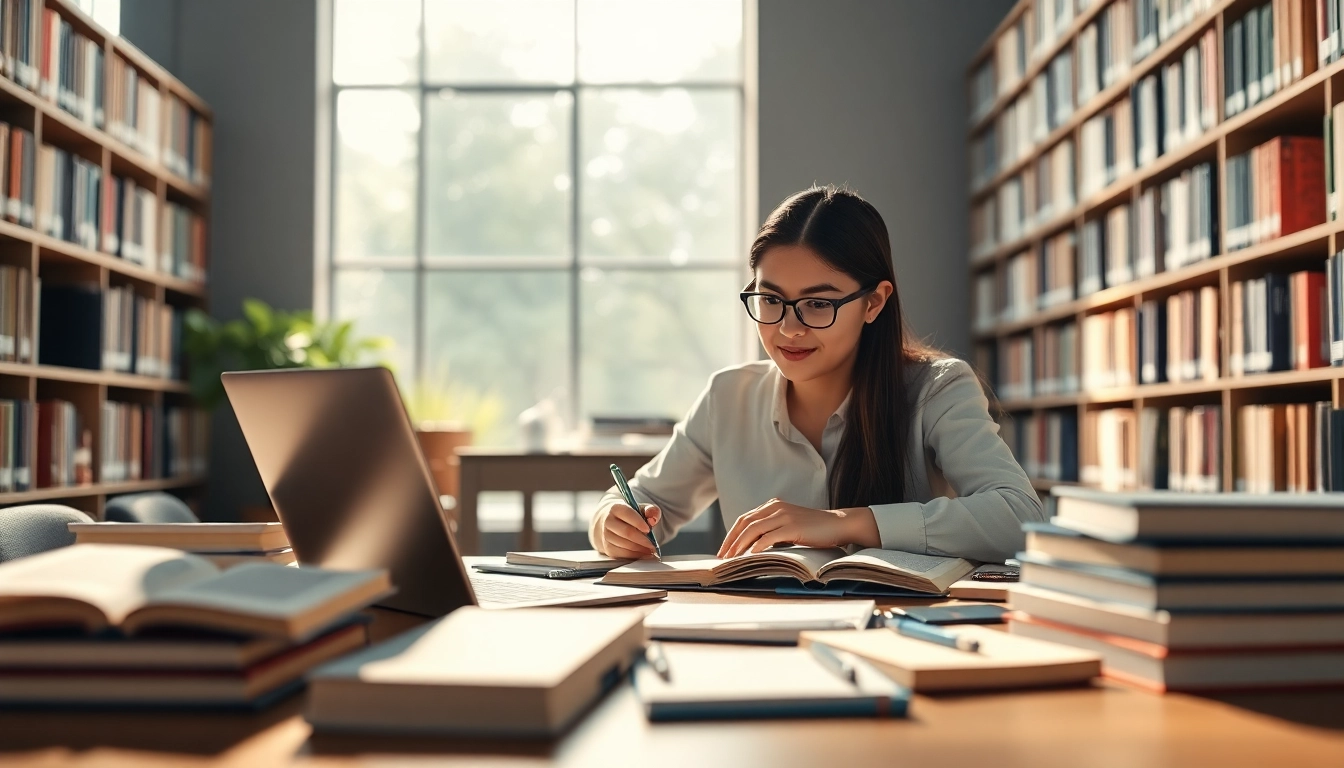 Focused student engaged in exam preparation with books and laptop in a well-lit library.