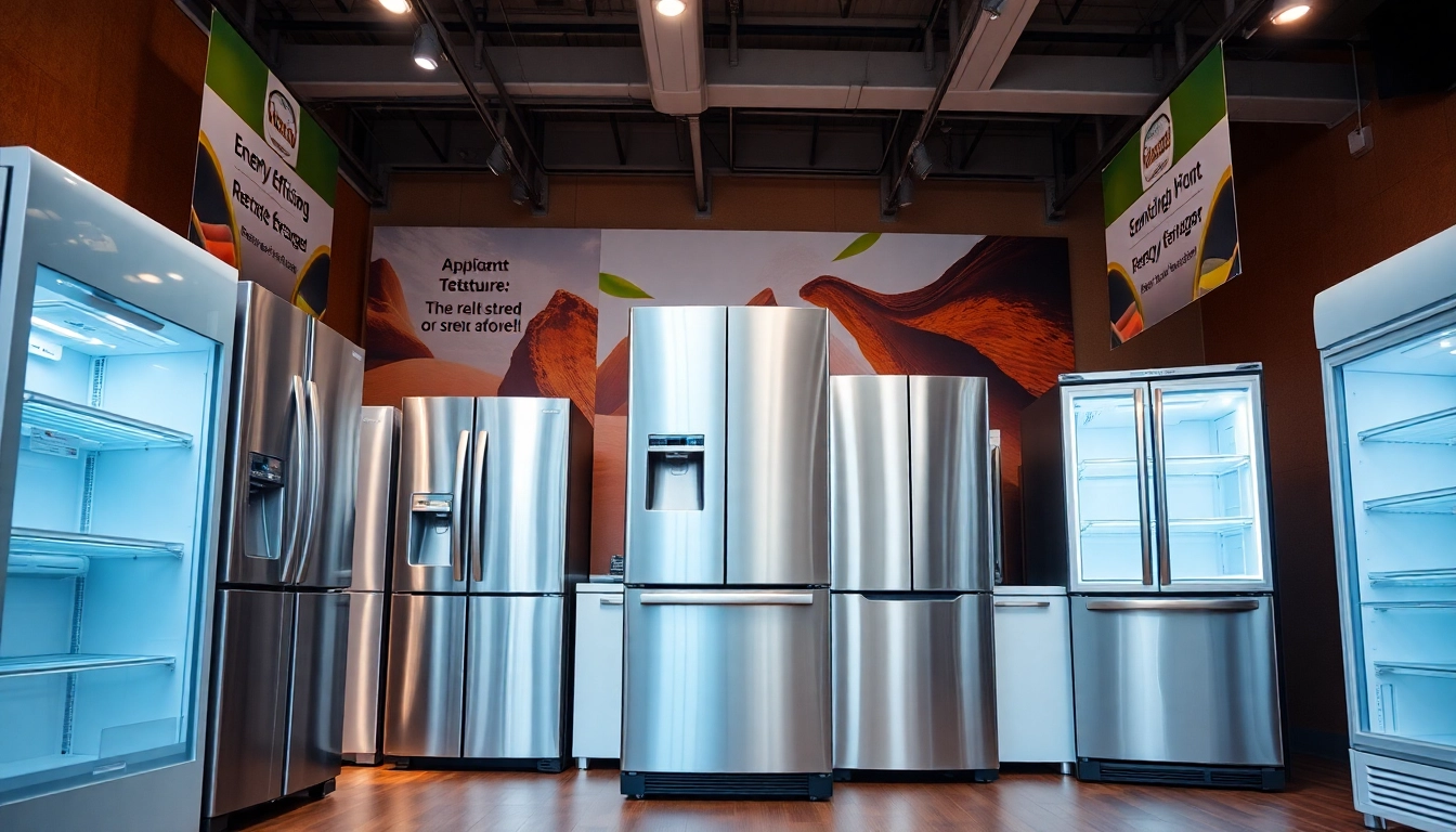 Engaging display for refrigerator sales, featuring modern models in a brightly lit retail setting.